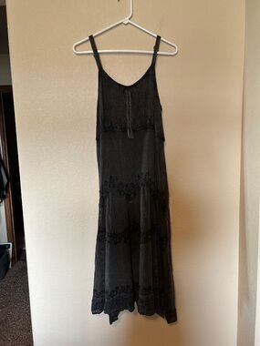 Lapogee Washed Black Embroidered Boho Midi Dress One Size Rayon Flowy